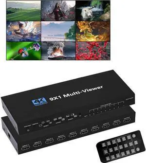 4K@30Hz Nine Multi-Viewer 9x1 HDMI Switcher with Seamless Switch Split Screen 10 Display Modes Audio Switch IR Remote/Software/Push Button Selector for PS4 Xbox Fire Stick Blu-Ray Player