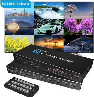 HDMI Multi-viewer Switch 9x1HDMI Nine Multi-Viewer with Seamless Switch Split Screen,10 Display Modes,with IR Remote/Software/Push Button Selector for Security Camera, Gaming Consoles
