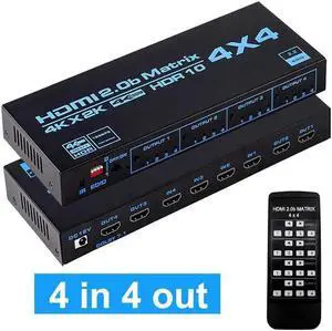 HDMI Matrix Switch 4x4, 4K@60Hz HDMI Matrix Switcher Splitter 4 in 4 Out Box with HDCP2.2 HDR10,EDID and IR Remote Control Support 4K HDR, HDMI 2.0b, HDCP 2.2, 3D,1080P