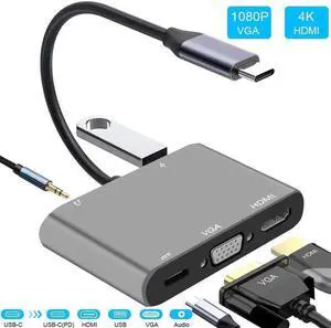 USB C to HDMI VGA Adapter, USB C Hub with 4K HDMI, 1080P VGA,USB 3.0,USB C PD Charging,3.5mm Audio Port Compatible with MacBook Pro 2018,iPad Pro 2018, Dell XPS 13/15,Surface Go,Samsung USB C