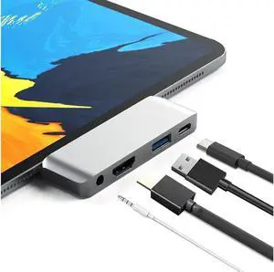 USB C HDMI Adapter for MacBook Pro 2017/2016/Google Chromebook /XPS/S9, 4 in 1 USB-C to 4K HDMI Output, Audio Jack Port , PD Charging Port and USB3.0 Port (Silver)