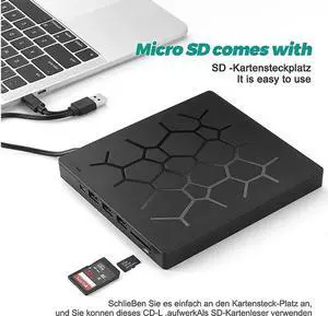 7 -in-1 External DVD Drive with 4 USB Ports and 2 SD Card Slots, USB 3.0 External DVD CD ROM Drive, USB-C External DVD Player, Portable DVD +/- RW Optical Drive for Windows 7/8/10/Linux