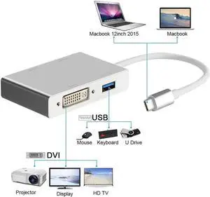 USB 3.1 Type C to HDMI Adapter, USB-C to HDMI DVI 4K VGA USB Adaptor Converter for 2016/2017/2018 MacBook/MacBook Pro, 2018 MacBook Air
