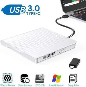 External DVD/CD Drive, USB 3.0 External DVD CD ROM Burner, Portable DVD Player with Type C Cord, CD RW Optical Drive, Compatible with Laptop Desktop PC Windows Linux OS Apple Mac