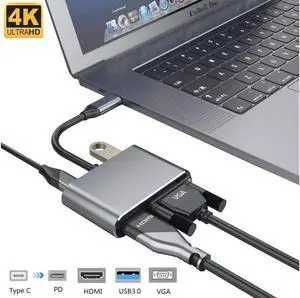 USB C Hub,Upgrade 4 in 1 USB C to HDMI 4K+VGA Adapter,HDMI+VGA Dual Display,USB 3.0 5Gbps 900mA(Max) Output, 87W Power Delivery for Nintendo Switch/MacBook Pro/Air/Ipad Pro/Dell XP -Gray