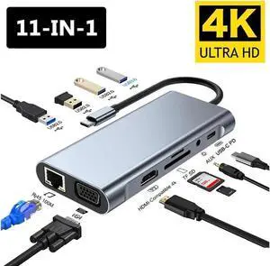 Aluminum 11 in 1 USB C Hub with HDMI, VGA, RJ45,USB port, TF/SD Card Reader, 3.5mm Ultra Slim Portable USB Splitter Adapter for Laptop, PS4, Flash Drive, HDD, Xbox, Printer, Mouse