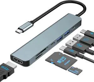 USB C Hub, 7 in 1 USB C to 4K HDMI Splitter, 5Gbps USB 3.0 & USB C Data Port, USB2.0, 4K HDMI Port, PD 100W Charging, SD/TF Card Reader, for iPad Pro MacBook Pro Laptops and More