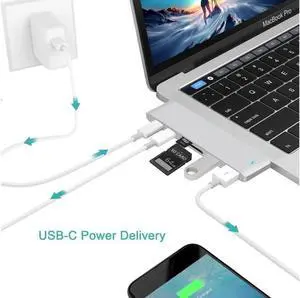Dual Type C Hub Adapter, 6 in 1 Aluminum USB C Hub Adapter with 2 USB3.0 Ports, SD/Micro SD Card Reader,2x Type C Charger Port for 2016/2017 MacBook Pro, Google Chromebook (Silver)