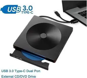 YX-008 External DVD/CD Drive, USB 3.0 External DVD CD ROM Burner, Portable DVD Player with Type C Adapter, CD RW Optical Drive for Laptop Desktop PC Windows Linux OS Apple Mac