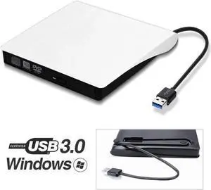 USB3.0 External DVD CD Drive, Portable CD DVD +/-RW Optical Drive Burner Writer High Speed Data Transfer Slim CD DVD Burner Recorder CD ROM for Laptop/MacBook/Desktop, White