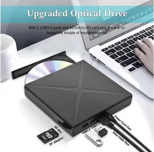 External CD DVD Drive, USB Type C Dual Port CD Drive, DVD +/-RW CD +/-RW Writer Burner Player with Classic Silver Support SD cards Reader for MacBook Air, MacBook Pro, Mac OS, PC Laptop