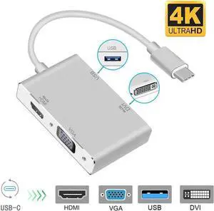 USB C to HDMI 4K Adapter, USB 3.1 Type-C Hub to HDMI DVI 4K VGA USB Adaptor Converter (Thunderbolt 3 Compatible), USB-C to HDMI DVI 4K VGA USB Adaptor Converter for 2016/2017/2018 MacBook