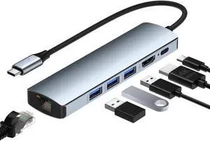 6 in 1 USB Hub Ethernet, Portable Multiport Adapter, USB-C to 4K HDMI, 3*USB3.0, 1Gbps LAN, 100W PD Charging Compatible for MacBook Pro and Type C Devices-Mac/iPad Pro