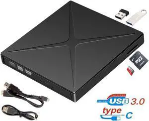 External CD Drive USB 3.0 Portable CD DVD +/-RW Drive DVD/CD ROM Rewriter Burner Writer Support SD cards Reader Compatible with Laptop Desktop PC Windows Mac Pro MacBook