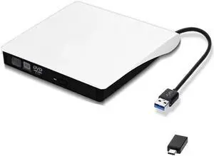 External DVD Drive,XD001 USB 3.0 Type C Portable CD Drive Slim DVD/CD ROM Rewriter Burner Writer Compatible with Laptop Desktop PC Windows Linux OS Apple Mac, White