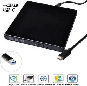 Aluminum External CD Drive, USB 3.0 O Type C Dual Port DVD Burner CD DVD Rewriter Burner Writer Compatible with Windows XP/7/8/10, MacOS, Linux for MacBook, Laptop, Desktop, Black