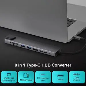 USB C Hub, 8-in-1 Type-C Docking Station with 4K USB C to HDMI,Ethernet,87W PD,Type-C Port,2USB3.0,SD/TF, Compatible with MacBook/Pro/Air 2016/2017/2018 and More USB C Devices