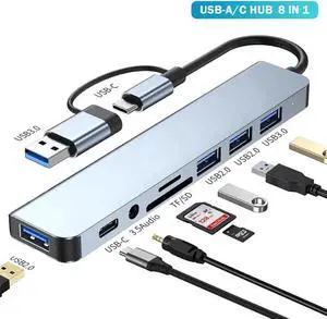 USB HUB Adapter 8 in 1 Type C Plug Dual Port Connector,Hub Adapter, SD Reader, 2 USB 3.0 Ports for MacBook, iPad,Laptop and More Type C Devices