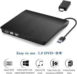 XD001 External DVD Drive for Laptop, Portable High-Speed USB-C&USB 3.0 CD Burner/DVD Reader Writer for PC Desktops, Compatible with Windows/Mac OSX/Linux (USB C&3.0), Black