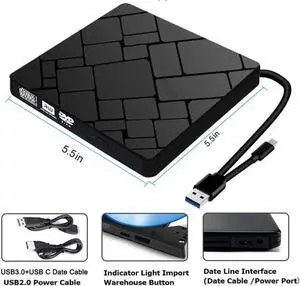 External DVD Drive, USB 3.0/USB-C Portable CD/DVD +/-RW Drive Slim Optical Burner Writer Rewriter, High Speed Data Transfer for Laptop Notebook Desktop PC MAC OS Windows 7/8/10