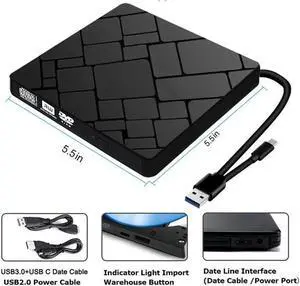 External DVD Drive, USB 3.0 Type C CD Drive, Dual Port DVD-RW Player, Portable Optical Burner Writer Rewriter, High Speed Data Transfer for Laptop Notebook Desktop PC MAC OS Windows
