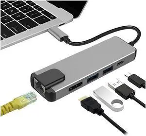 USB C Hub, Type C Adapter 5 in 1 Ports Adapter to HDMI 4k, 3.5mm Audio/Mic Port, USB3.0/USB2.0 Port, Multiport Adapter Thunderbolt 3 Support Dongle for Apple MacBook Pro Huawei Matebook