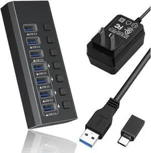USB Hub 3.0 Powered, 7 Ports USB Data Hub Splitter with 4 Smart Charging Port and 12V Powered Adapter and ON/Off Switches for MacBook, Mac Pro/Mini, iMac, Surface Pro Laptop/PC