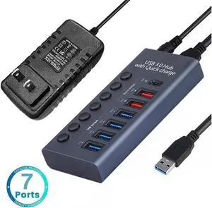 Powered USB 3.0 Hub with 4 USB 3.0 Data Transmission Ports + 2 Smart Charging Ports + 1 PD Charging Port for Laptop/PC, work for Mouse, Keyboard, Hard Drive or More USB Devices