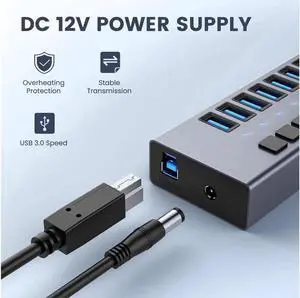 Powered USB Hub - 7 Ports 36W USB 3.0 Data Port Aluminum Housing Individual On/Off Switches 12V/3A Power Adapter, 5Gbps High Speed USB 3.0 Hub for Laptop, PC, Computer, Mobile HDD