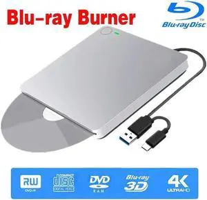 External Blu-Ray Burner Drive with One Touch Pop up for Laptop, Portable High-Speed USB-C&USB 3.0 CD Burner/DVD Reader Writer for PC Desktops, Compatible with Windows/Mac OSX/Linux (XD055BD)