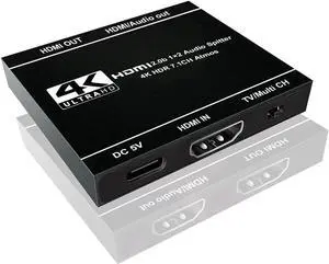 4K HDMI Splitter 1 in 2 Out HDMI Splitter Duplicate/ Mirror Screen HDMI Splitter Support 4K@60Hz 3D for PS5, Roku TV Box - 1 Source to 2 Displays, with Audio Extractor(HDMI Audio Output)