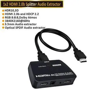 4K HDMI Splitter 1in2 Out HDMI Splitter Duplicate/ Mirror Screen HDMI Splitter Support 4K@60Hz 3D for PS5 Roku TV Box - 1 Source to 2 Displays with Audio Extractor(3.5mm SPDIF audio out)