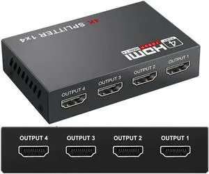4K HDMI Splitter 1 in 4 Out 4 Way HDMI Splitter 1x4 4Kx2K@30Hz w/AC Adapter, Mirror Duplicate for PS4 Fire Stick HDTV EDID