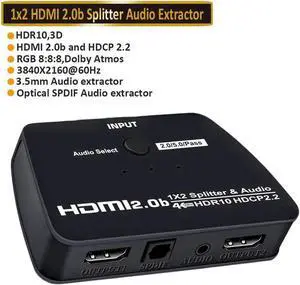 HDMI Switch 4K HDMI Splitter-HDMI Switcher Splitter 1 Input 2 Output, Support 4K 3D 1080P for Xbox PS4 Roku HDTV Fire Stick Blu Ray(with Audio Extractor(3.5mm & SPDIF audio out))