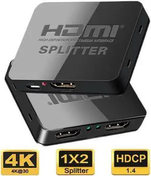 HDMI Splitter 1 in 2 Out 4K HDMI Splitter, Powered HDMI Splitter Supports HDCP1.2 3D 4K@30HZ Full HD1080P for Xbox PS4 PS3 Fire Stick Roku Blu-Ray Player Apple TV HDTV