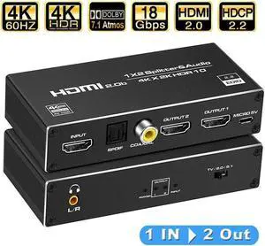 HDMI Splitter 1 in 2 Out, HDMI Splitter 1x2 Power 4K HDMI Splitter with 3.5mm, Coaxial & SPDIF audio out, 4K@60Hz Dual Monitors Duplicate/Mirror for PS4 Fire Stick HDTV