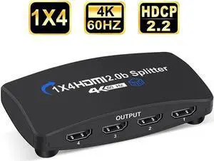 4K@60Hz HDMI Splitter 1 in 4 Out HDMI Splitter for 4 Monitors Duplicate/Mirror with Same Image, 1x4 HDMI2.0b Splitter HDCP2.2 for Xbox, PS5, Roku (1 Source onto 4 Displays)