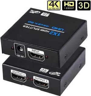 HDMI Splitter 1 in 2 Out 4K, 2 Port HDMI Splitter Powered Video Splitter 4 Outputs w/ AC Adapter, Duplicate/Mirror Screens for Fire Stick/Roku/DirecTV/Cable Box/Security Cameras