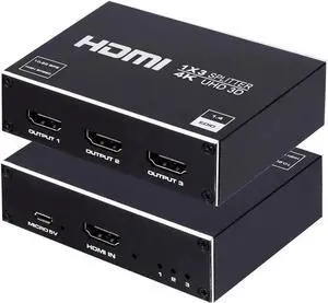 HDMI Splitter 1 in 3 Out 4K 3 Port HDMI Splitter Powered Video Splitter 3 Outputs w/ AC Adapter, Duplicate/Mirror Screens for Fire Stick/Roku/DirecTV/Cable Box/Security Cameras