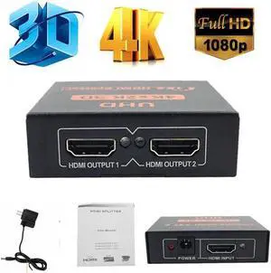 Hdmi Splitter 1 in 2 Out V1.4b Powered Hdmi Video Splitter with AC Adaptor Duplicate/Mirror Screen Monitor Supports Ultra HD 1080P 2K x4K@30Hz and 3D Resolutions (1 Input to 2 Outputs)