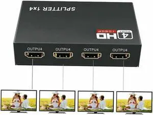 HDMI Splitter 1 in 4 Out V1.4b Powered HDMI Video Splitter Compatible with DVD Player, Supports HD 1080P 4K and 3D Resolutions (1 Input to 4 Outputs)