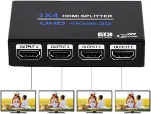 HDMI Splitter 1 in 4 Out V1.4b Powered HDMI Video Splitter with AC Adaptor Duplicate/Mirror Screen Monitor Supports Ultra HD 1080P 2K x4K@30Hz and 3D Resolutions (1 Input to 4 Outputs)
