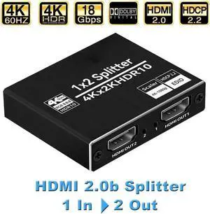 4K@60Hz HDMI Splitter 1 in 2 Out, HDMI Splitter 1 Input 2 Output Support EDID 4K 60Hz Full HD 1080P and 3D, Compatible with Xbox PS3/4 Roku Blu-Ray Player