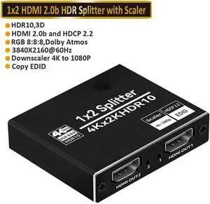4K@60Hz HDMI Splitter 1 in 2 Out, 2 Port HDMI Splitter EDID, HDMI Switch Box Hub Support UltraHD, HDR 10, 4K 3D 1080P, for PS4 Xbox DVD Player Fire Stick Apple TV PC