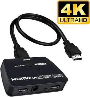 4K@60Hz HDMI Splitter 1x2 8:8:8,18 Gbps,Supports HDMI2.0b,HDCP 2.2,Duplicate/Mirror/Copy,Downscale HDR,Dolby Vision Atmos,4K HDMI Splitter 1 in 2 Out for HDTV, Xbox, PS5/4/3 Blu-Ray