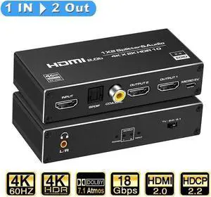 4K@60Hz HDMI Splitter with Audio Extractor 1x2 8:8:8,18 Gbps,Supports HDMI2.0b,HDCP 2.2,Duplicate/Mirror/Copy,HDR,Dolby Vision Atmos,4K HDMI Splitter 1 in 2 Out for HDTV, Xbox, PS5/4/3