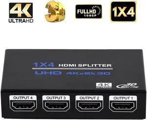 HDMI Splitter 1 in 4 Out 4K @ 30Hz 1x4 Powered HDMI Splitter Duplicate Mirror Supports 4K 3D Full HD 1080P for Xbox, PS4 PS3 Fire Stick Blu Ray Apple TV HDTV (1 Source to 4 Displays)