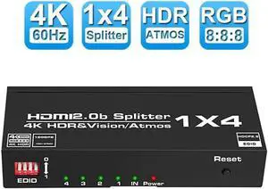 HDMI Splitter 1 in 4 Out 4K HDMI Splitter for Four Monitors Duplicate/Mirror Only, 1x4 HDMI Splitter 1 to 4 Amplifier for Full HD 1080P 3D EDID HDR10(1 Source onto 4 Displays)