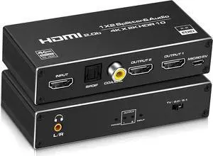 HDMI Switch 4Kx2K@60Hz, HDMI Splitter 1 in 2 Out, with Audio Extractor(3.5mm, Coaxial & SPDIF audio out), Supports HDR, 4K, 3D, 1080P, Work for HDTV Xbox PS5/4/3, Blu-Ray Player DVD DVR