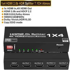 4K@60Hz HDMI Splitter 1 in 4 Out, 4 Way HDMI Splitter for Four Monitors, 1x4 HDMI2.0 Splitter Video Distributor Mirror Only, Support EDID, 3D, HDCP2.2, HDR, 4K@60Hz, RGB 8:8:8, HDR 10